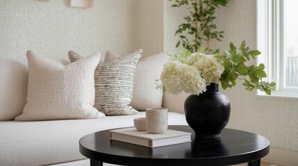 Corner of a living room with a white sofa and a black coffee table in front of it. on the coffee table, there is a black vase with white hydrangeas in it.