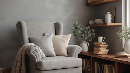 Corner of a living room with a gray armchair in the center. the armchair is upholstered in a light grey fabric and has two beige throw pillows on it.