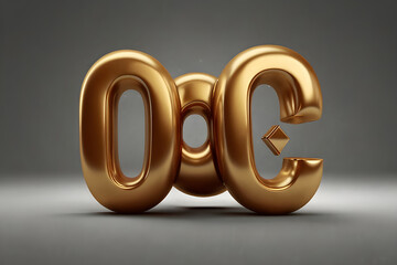 Golden letters ooc sculpture standing on a base against gray background