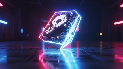 Floating Skull Bitcoin Cryptocurrency Symbol in Neon Cyberpunk World Loop. - Powered by Adobe