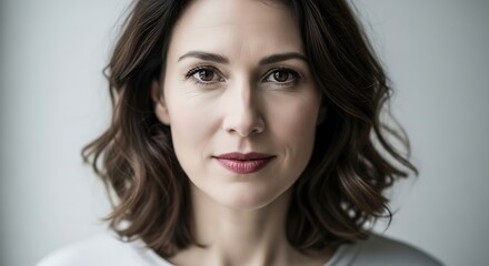 Naklejka premium Professional Close-Up Portrait of a Confident Businesswoman with Natural Makeup and Elegant Hairstyle, Suitable for Corporate, Leadership, and Corporate Profile Uses