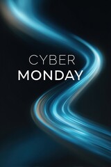 Dynamic blue light trails swirling around central CYBER MONDAY text on black background