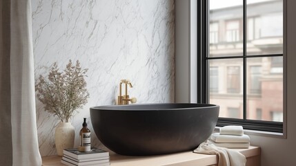 Modern bathroom with a large window on the right side. the window has a black frame and is letting in natural light. on the left side of the window, there is a white marble wall with a gold faucet.