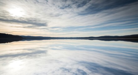 Fototapeta premium Calm mirrored lake reflecting clouds and distant hills.