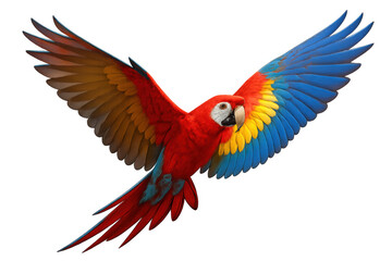 Fototapeta premium Scarlet macaw flying, vibrant bird spreading wings, colorful tropical animal on transparent background
