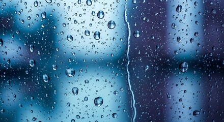 Raindrops on a glass window with blurry blue background.