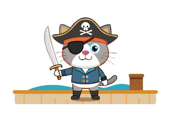 Pirate Cat on Deck: A spirited, animated pirate cat, adorned with an eye patch, sword, and captain's hat, stands proudly on the deck. Ready to embark on an adventure.