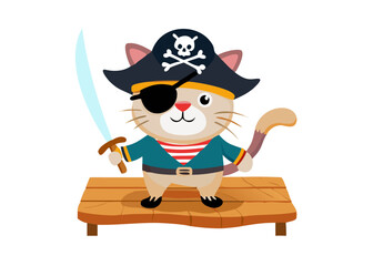 Pirate Cat on Deck: A spirited, animated pirate cat, adorned with an eye patch, sword, and captain's hat, stands proudly on the deck. Ready to embark on an adventure.