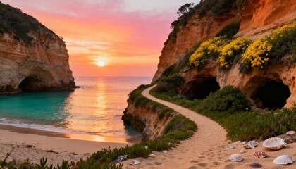 Sunset over rocky beach cliffs with yellow flowers
