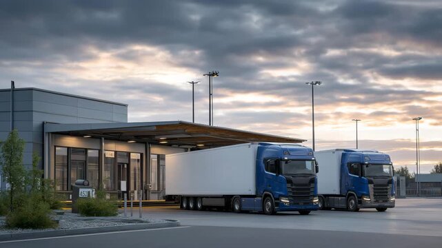 Futuristic depot where self-driving trucks navigate automated entry and exit with AI oversight, emotion of control and precision visible, symbolizing intelligent logistics, automated warehouse
