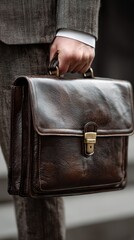 Elegant Businessman Carrying Vintage Brown Leather Briefcase in Formal Attire on Urban Street