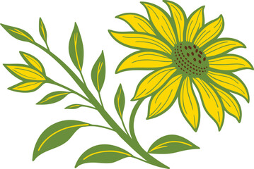 Stylized Yellow Sunflower with Green Leaves on a White Background, Vector Illustration