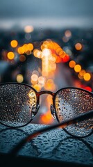 Artistic View through Rain-Drenched Glasses with Blurred City Lights in Background at Dusk