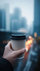 Hand Holding a Disposable Coffee Cup with Urban Cityscape and Blurred Lights in the Background
