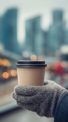 Warm Coffee Cup Held in Hand Against Urban Cityscape with Blurred Background and Bokeh Effect