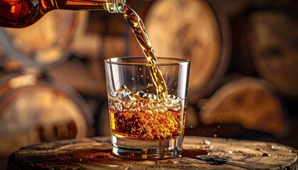 Amber Liquid Pouring into Glass Against Wooden Barrels