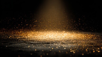 Glittering golden particles dancing in light against a dark background creating a magical atmosphere