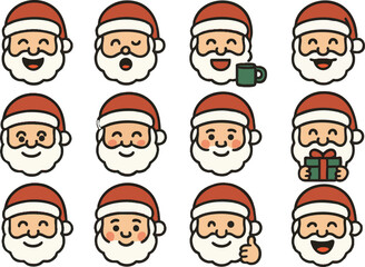 emoji icon sets of Santa Claus in a 2D flat line art style with solid colors (no gradients).