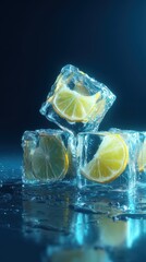 Refreshing Lemon Slices Frozen in Clear Ice Cubes Under Soft Blue Light