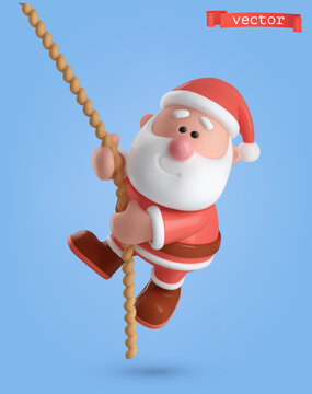Cheerful Santa descends on a rope 3d cartoon vector icon