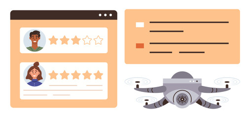 User rating interface featuring star ratings alongside a surveillance quadcopter with a camera. Ideal for feedback, innovation, technology, surveillance, customer review, rating system, and user