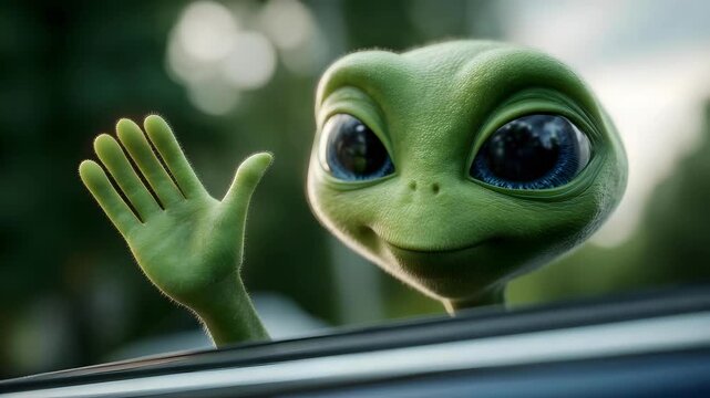 A cute green alien with big eyes waves from a car window.