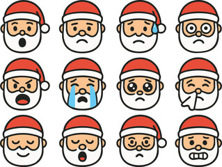 emoji icon sets of Santa Claus in a 2D flat line art style with solid colors (no gradients).
