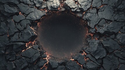 Dark Cracked Ground with Fiery Edge and Circular Void at Center Under Mysterious Atmosphere and Dramatic Lighting