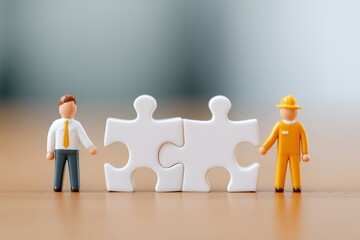 Collaboration in Harmony: Two miniature figures, a businessperson and a construction worker, come together, symbolizing unity and partnership in achieving common objectives.