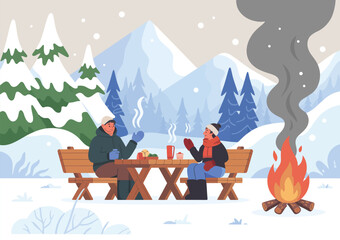 Naklejka premium Winter Camping Vector Illustration, Smiling Couple in Warm Clothes Near Campfire Eating Barbecue and Drinking Hot Drinks for Holiday, Outdoor, Seasonal, Social Media, and Greeting Card Designs
