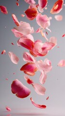Delicate Pink Flower Petals Gently Falling Against a Soft Gray Background in Elegant Motion and Graceful Arrangement