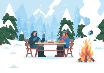 Fototapeta premium Winter Camping Vector Illustration, Smiling Couple in Warm Clothes Near Campfire Eating Barbecue and Drinking Hot Drinks for Holiday, Outdoor, Seasonal, Social Media, and Greeting Card Designs