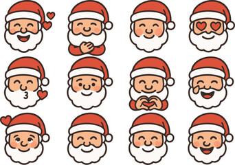 emoji icon sets of Santa Claus in a 2D flat line art style with solid colors (no gradients).