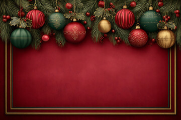 Red Christmas backdrop with decorative pine branches and sparkling ornaments symbolizing warmth, joy, and holiday spirit