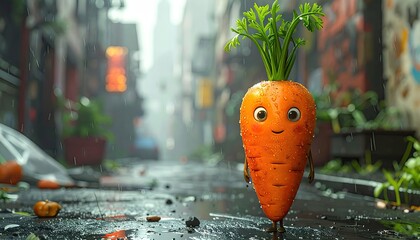 Animated Carrot Walking in Rainy City Street