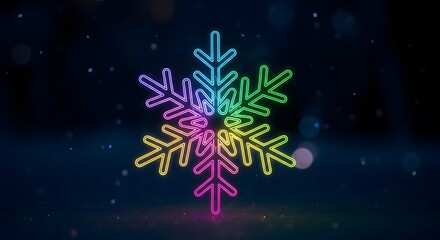 A colorful neon snowflake is centered. Dark background with bokeh. Unsure if transparent.
