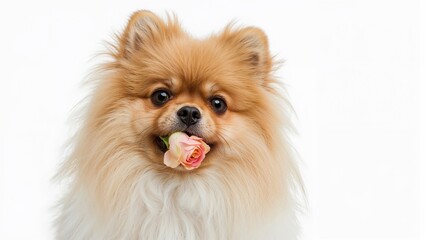 Obraz premium Pomeranian dog holding a flower on a white background