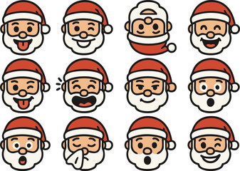 emoji icon sets of Santa Claus in a 2D flat line art style with solid colors (no gradients).