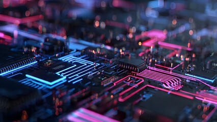 Circuit Board Symphony: A close-up view of an intricate circuit board, pulsing with neon-colored light, showcasing the complex pathways of data and signals.