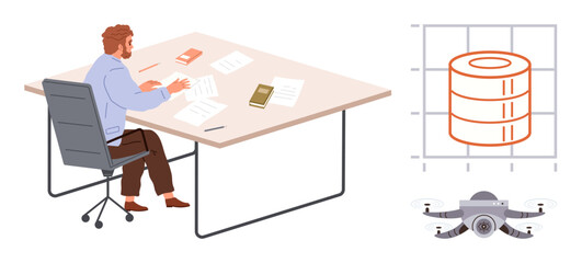 Man reviewing paperwork at a desk with books, documents, a quadcopter, and graphical database representation. Ideal for research, technology, data management, innovation, planning analysis