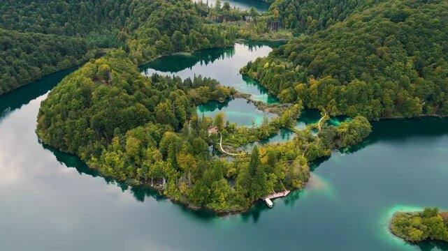 Cinematic Aerial View of Plitvice Lakes National Park, Croatia &ndash; Stunning Waterfalls, Turquoise Lakes and Wild Nature Landscape