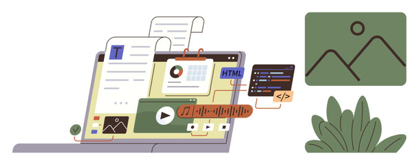 Open laptop displaying text editing tools, video player, coding interface, image, and HTML elements. Ideal for web design, digital marketing, programming, education media creation SEO simple flat