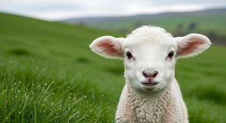 Obraz premium A charming, close-up photograph features a fluffy white lamb with expressive eyes. It is set against a lush green hill on an overcast day