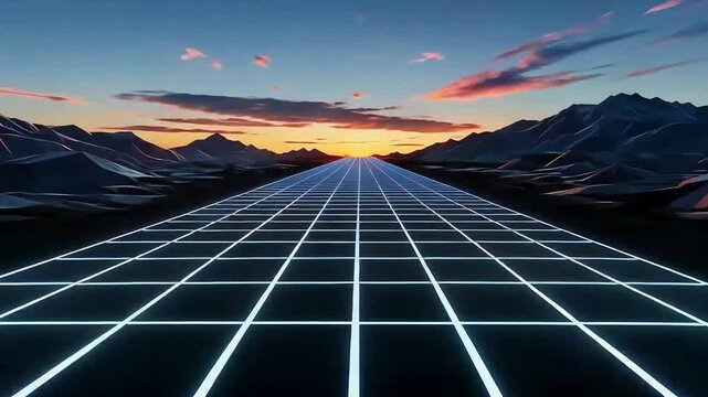 Sunrise over mountains with solar panels and blue sky