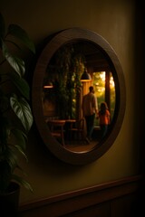Round Wooden Mirror with Black Frame in Cozy Caf&eacute; with Greenery and Warm Lighting