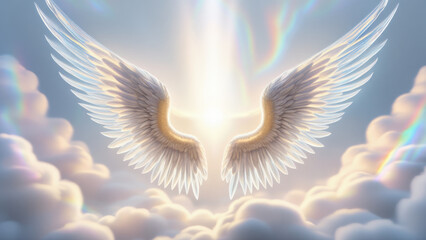 Obraz premium Heavenly angel wings emerging from radiant clouds with ethereal light, divine atmosphere in celestial landscape, spiritual symbolism, surreal fantasy depiction, peaceful tranquility, luminous glow
