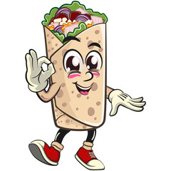 cute burrito mascot cartoon vector illustration mexican wrap character dancing while giving the okay sign, funny fast food design isolated for logo, menu, and kids concept, work of hand drawn