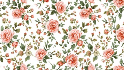Seamless floral design in watercolor style featuring pink roses and greenery. Seamless pattern of pink roses and greenery.