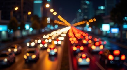 View of a busy city street at night with many cars