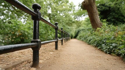 Serene View of a Metal Railing Along a Peaceful Pathway Surrounded by Lush Greenery in a Tranquil Outdoor Setting